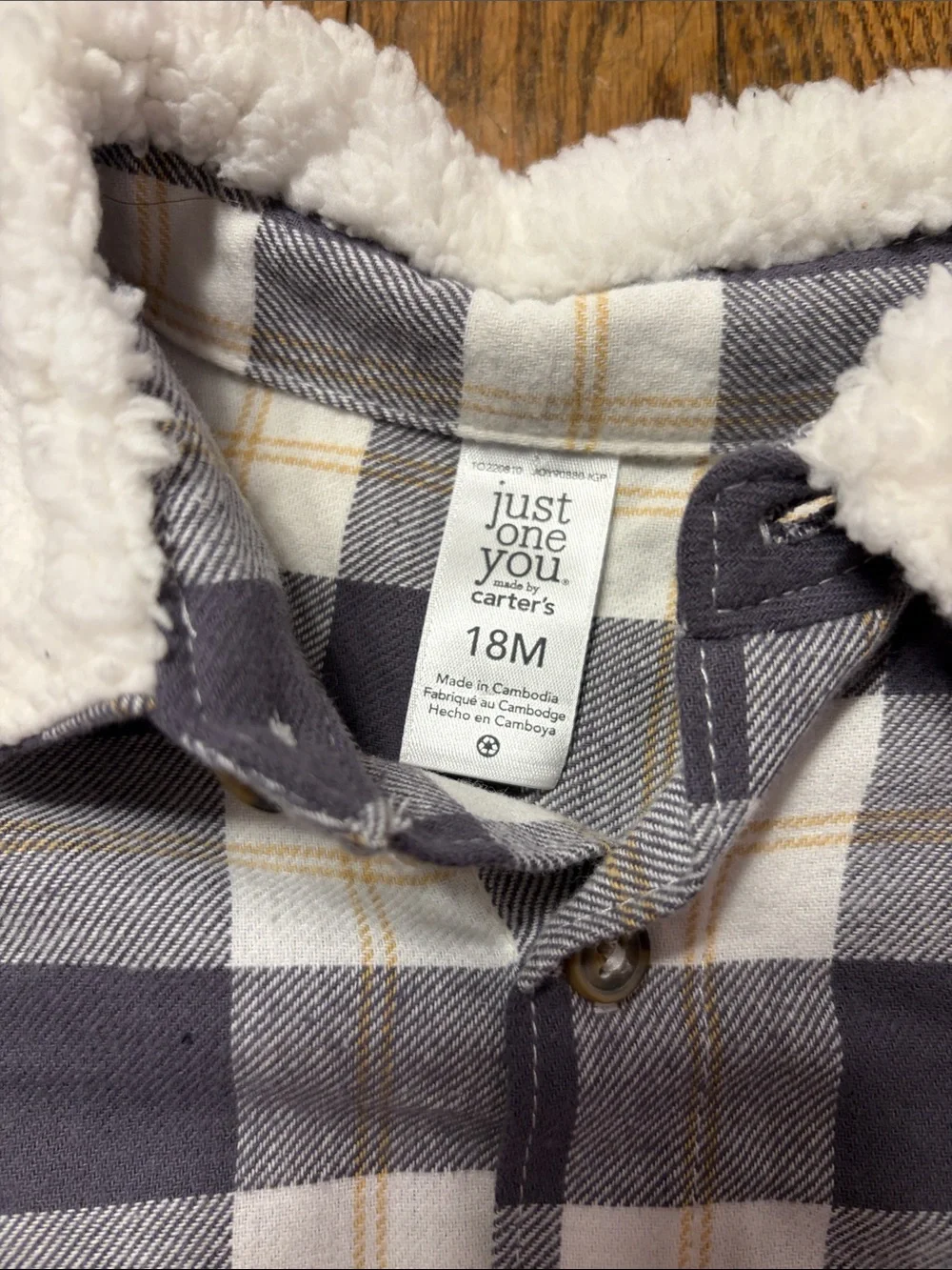 Carter's Gray and Cream Plaid Sherpa-Collar Button Shirt